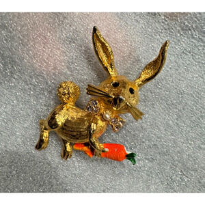 Mylu Rabbit Rhinestone Brooch Enamel Carrot Signed Vintage Easter Pin Gold Tone